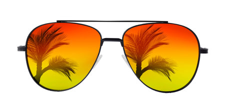 Bright sunglasses with reflection of palms on lenses against white backgroundの写真素材