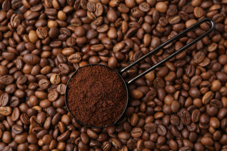 Scoop with instant coffee powder on beans, top viewの写真素材