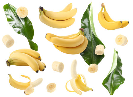 Fresh banana fruits and green leaves isolated on white, setの写真素材