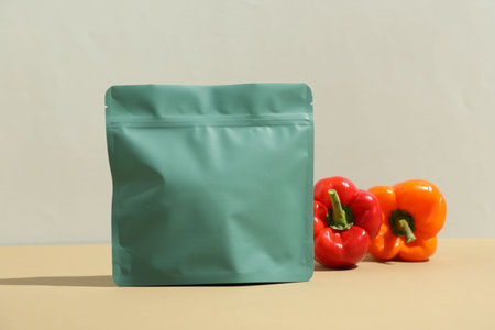 Zipper stand-up pouch and bell peppers on beige table against gray background. Mockup for designの写真素材