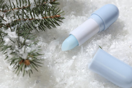 Moisturizing lip balm and fir tree branches on artificial snow, closeup. Winter careの写真素材