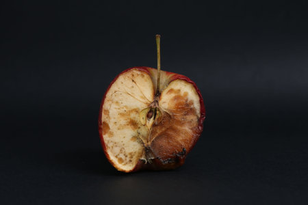 Half of spoiled apple on black background
