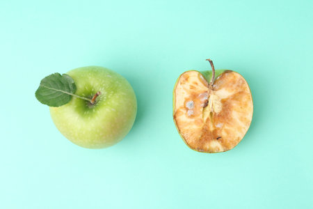 Spoiled apple and good ones on turquoise background, flat layの写真素材