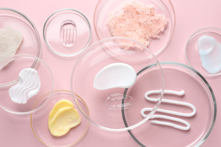 Different cosmetic products in Petri dishes on pink background, flat layの写真素材
