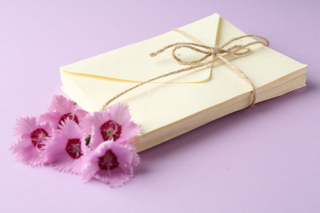 Stack of love letters and carnation flowers on violet background, closeupの写真素材