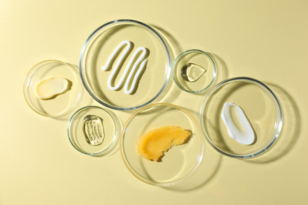 Different cosmetic products in Petri dishes on pale yellow background, flat layの写真素材