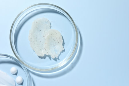 Different cosmetic products in Petri dishes on light blue background, flat lay. Space for textの写真素材