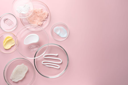 Different cosmetic products in Petri dishes on pink background, flat lay. Space for textの写真素材