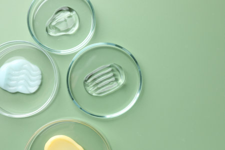 Different cosmetic products in Petri dishes on green background, flat lay. Space for textの写真素材