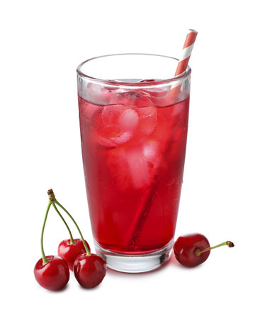 Tasty cherry soda water with ice cubes and berries isolated on whiteの写真素材