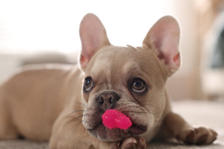 Adorable French bulldog dog with pet toy on floor indoors, closeupの写真素材