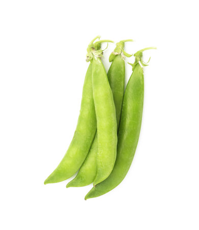 Fresh green pea pods isolated on white, top viewの写真素材