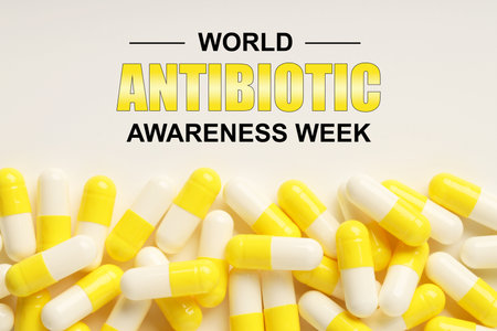 World antibiotic awareness week. Many pills on white background, flat layの写真素材