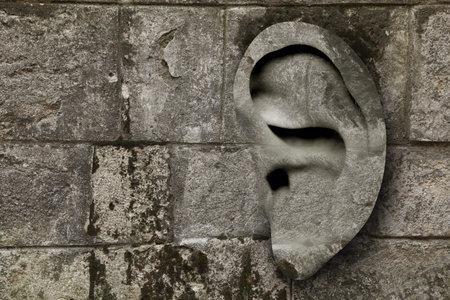 Human ear in stone wall, space for text. Eavesdropping, concept that even walls have ears
