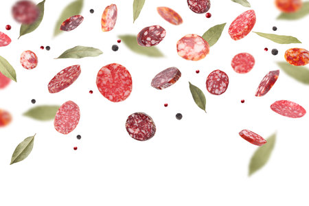 Smoked sausage slices and spices falling on white backgroundの写真素材