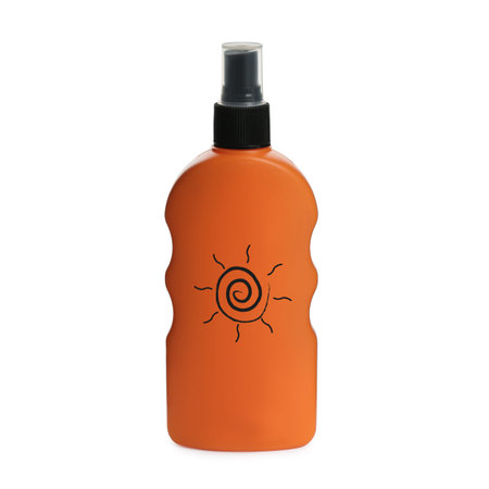 Sunscreen product in orange bottle with drawing of sun isolated on white