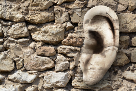 Human ear in old stone wall, space for text. Eavesdropping, concept that even walls have earsの写真素材
