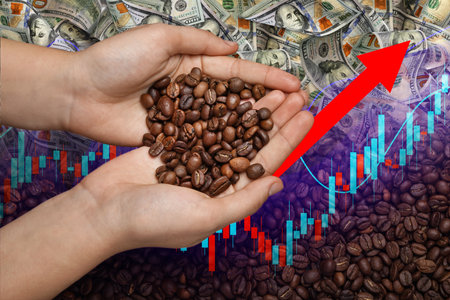 Coffee price rising. Woman holding roasted coffee beans, dollars and graph. Double exposureの写真素材