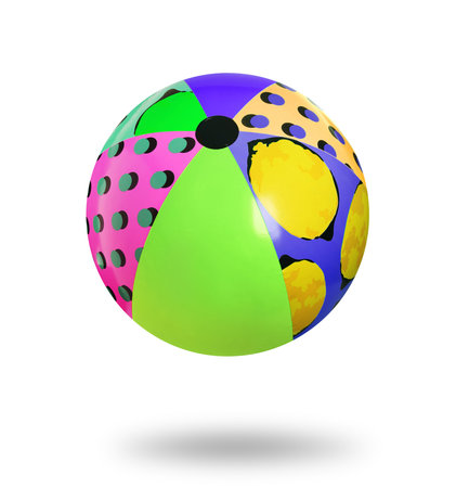 Bright beach ball with patterns falling against white backgroundの写真素材