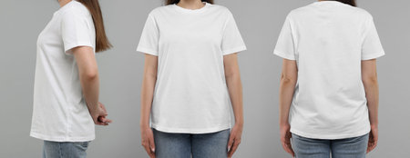 Woman in white t-shirt on gray background, closeup. Back, side and front view. Mockup for designの写真素材