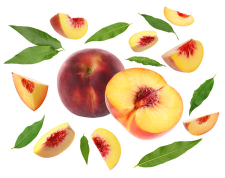 Ripe juicy peaches and green leaves on white background, collageの写真素材