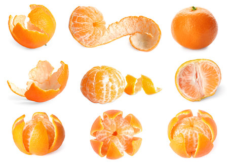Tangerine fruits and peel on white background, setの写真素材