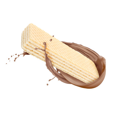 Tasty wafer and chocolate milk splash in air against white backgroundの写真素材
