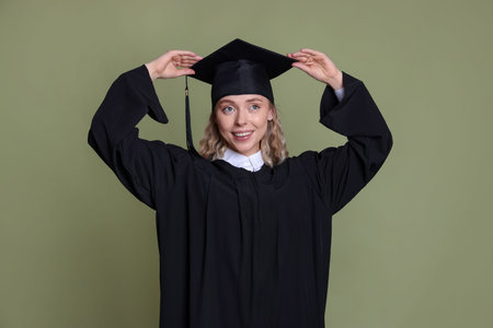 Happy student after graduation on green background
