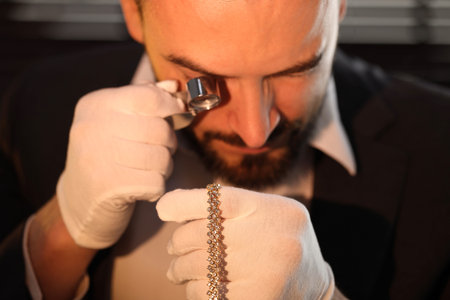 Appraiser with loupe evaluating luxury jewelry indoors, closeup