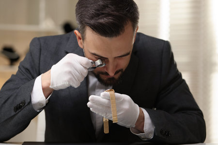 Appraiser with loupe evaluating luxury wristwatch indoors