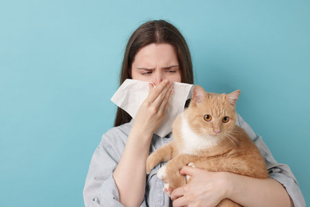 Woman suffering from allergy with her cat on light blue backgroundの写真素材