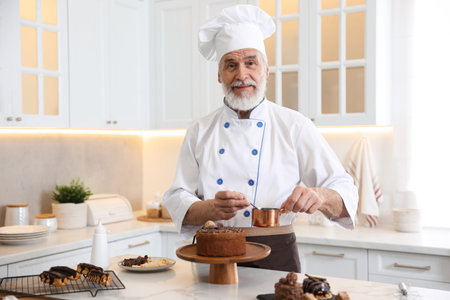 Elderly pastry chef at table with desserts in kitchen