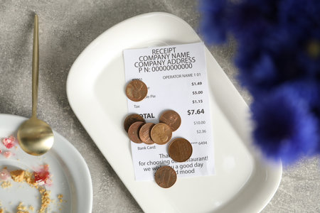 Tips, receipt and dirty plate on gray table, flat lay