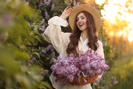 Happy woman with basket of lilac flowers near bush outdoors in morning