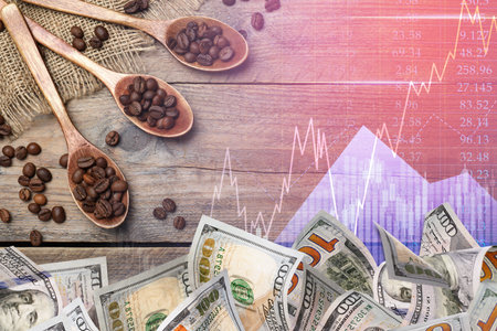 Coffee price rising. Dollars, roasted coffee beans, graph and stock data. Double exposureの写真素材