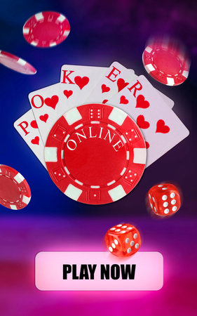 Online Poker screen design. Playing cards, dice and flying chips on colorful background