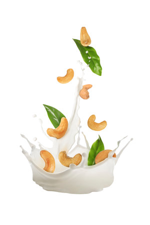 Milk nut splash, cashews and green leaves against white backgroundの写真素材