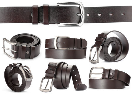 Dark leather belt on white background, collageの写真素材