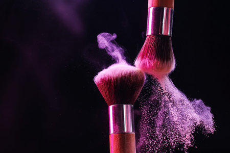 Makeup brushes with colorful eye shadows in neon lights on black background, closeup