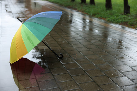Colorful umbrella on wet asphalt outdoors, space for textの写真素材
