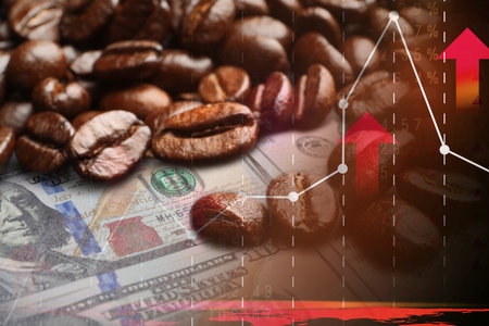 Coffee price rising. Dollars, roasted coffee beans and graph. Double exposureの写真素材