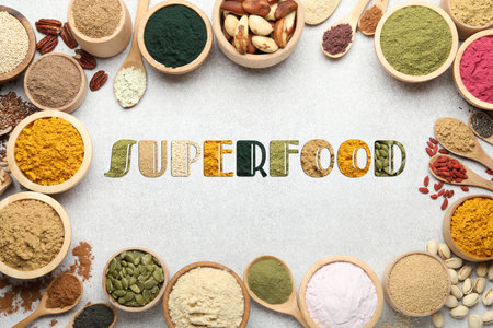 Superfood. Different powders and food products on light table, flat layの写真素材