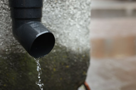 Water dripping from drain pipe outdoors, closeup. Space for textの写真素材