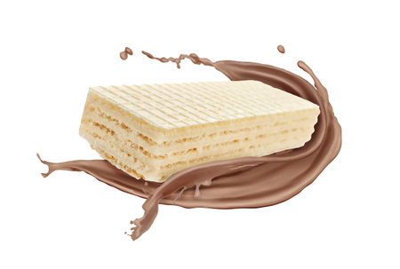 Tasty wafer and chocolate milk splash in air against white backgroundの写真素材
