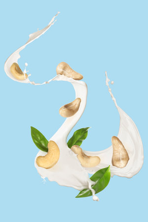 Milk nut splash, cashews and green leaves against light blue backgroundの写真素材