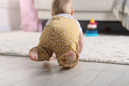 Cute little baby crawling on floor at home, back viewの写真素材