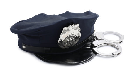 Police cap and handcuffs on white backgroundの写真素材