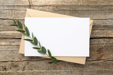 Blank invitation card, envelope and green twig on wooden table, top viewの写真素材