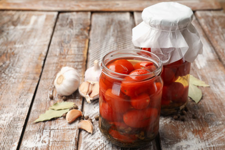 Tasty pickled tomatoes in jars and spices on wooden table, closeupの写真素材
