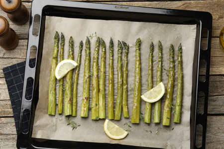 Tasty cooked asparagus and lemon on baking tray on wooden table, top viewの写真素材